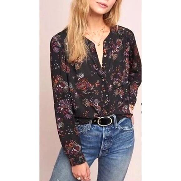 Anthropologie Conversations 28 of 52 Colloquial Peacock Collarless Button Down - Picture 5 of 15